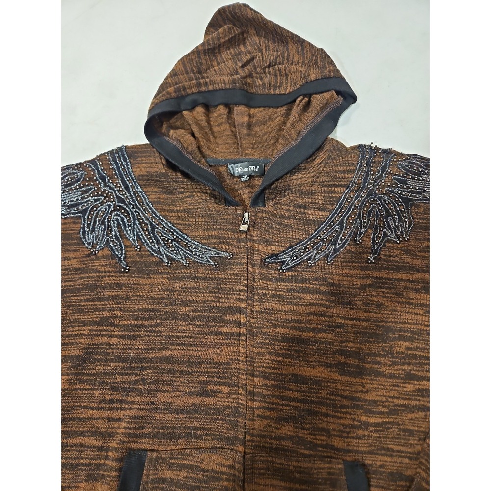 Miss Me Sweater Women Small Brown/Black Sequins Lightweight Full Zip Hoodie(2000